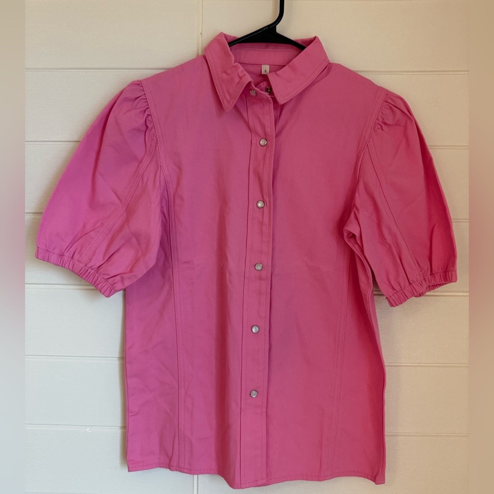 Pink Denim Snap Front Puff Sleeve Button Down Top